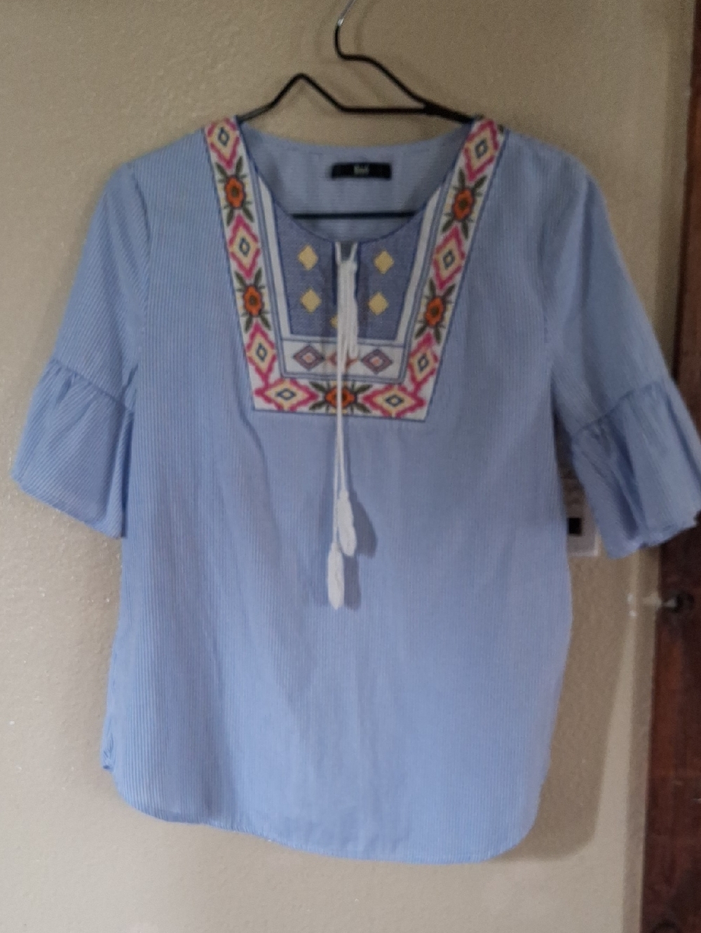 Embroidered Light Blue Peasant Blouse with Tassel Neck